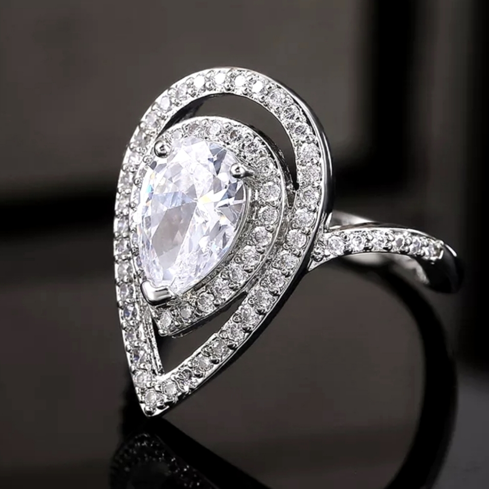 Pretty Silver Pear Cut Diamond Ring - Picture 2 of 3